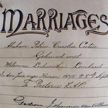 COETSEE Abraham Petrus Carolus gebore 1876 & Wilemina Lodeweika LOMBARD gebore 1881 getroud 1898 COETSEE Abraham Petrus Carolus gebore 1876 & Wilemina Lodeweika LOMBARD gebore 1881 getroud 1898